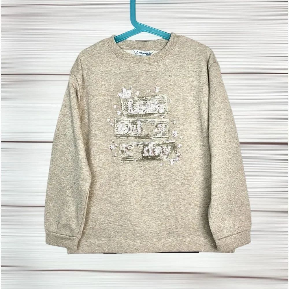 NWT Girls Mayoral Lets Enjoy Sweatshirt Beige Sequins Embroidery sz 9 (134 cm)
